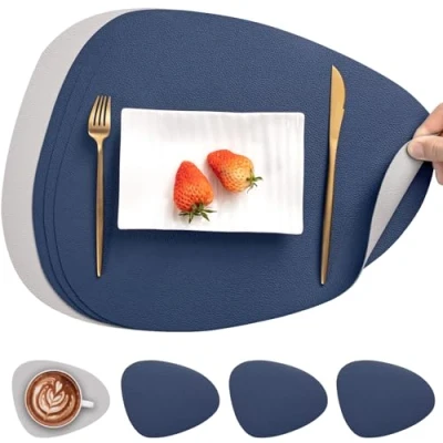 Afbeelding van Myir JUN Lederen tafelmatten en onderzetters, Placemat Waterdichte Dubbelzijdige Keuken Plaats Matten Koffiematten Antislip Wasbare Placemats Onderzetters (Set van 4, Blauw/Grijs)