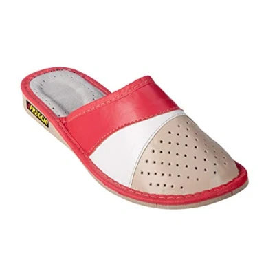Afbeelding van APREGGIO Leren pantoffels voor dames, comfortabele rubberen zool, handgemaakte damespantoffels, lederen pantoffels, rood, 38 EU