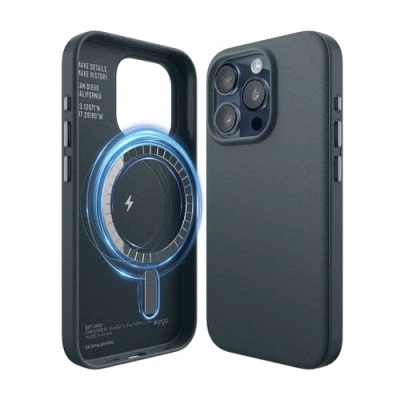 Afbeelding van elago Magnetische Leren Hoesje Compatibel met iPhone 15 Pro Case, MagSafe, Veganistisch PU Leer, Sterke Magneten, Volledige Lichaamsbescherming [5 laags structuur] (Blauw)