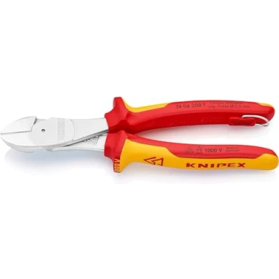 Afbeelding van Knipex Kracht zijsnijtang verchroomd, geïsoleerd VDE gekeurd, met geïntegreerde geïsoleerde bevestigingshaak om een valbeveiliging aan te brengen 200 mm (zelfbedieningskaart/blister) 74 06 T BK