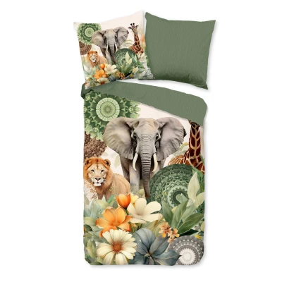 Afbeelding van Luxe Satijnen Dekbedovertrek 155x220 cm Safari Dieren en Bloemen Print Groen 1 Persoons 100% Katoen Satijn