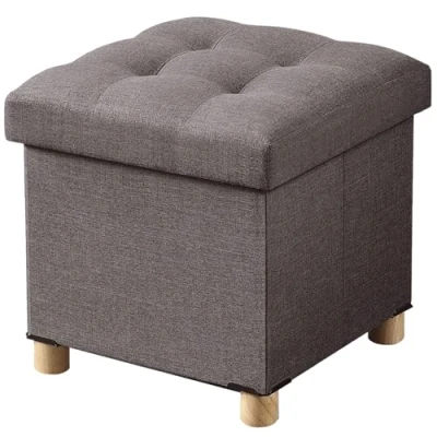 Afbeelding van BRIAN &amp; DANY Opklapbare Ottomaanse met houten poten, linnen voetkruk, opbergkist zeer elastische sponsvulling, bruin, 38 x 36 cm