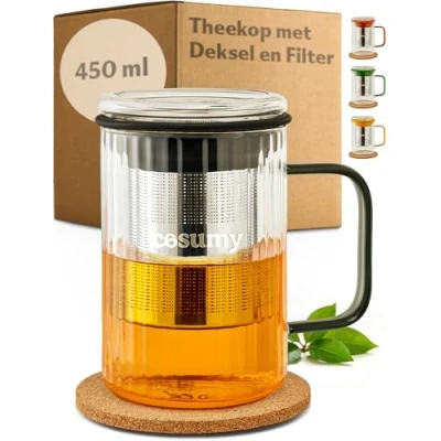 Afbeelding van Cosumy Theekop met Deksel en Filter 450ml Theeglas in Borosilicaat Kleurige Handgrepen RVS Zeef Antislip Kurken Onderzetter