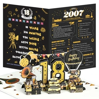 Afbeelding van Joyoldelf 18e verjaardagskaart, 2007 jaargang 3D pop up wenskaarten met envelop, vintage verjaardagscadeaus voor man en vrouw