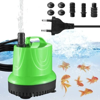 Afbeelding van Mini waterpomp, 25 W, 1200 l/u, aquariumpomp, ultra stil, met 3 sproeiers, dompelpomp, kleine fonteinpomp, fonteinpomp voor aquaria, vijver, fontein, hydrocultuur (groen)