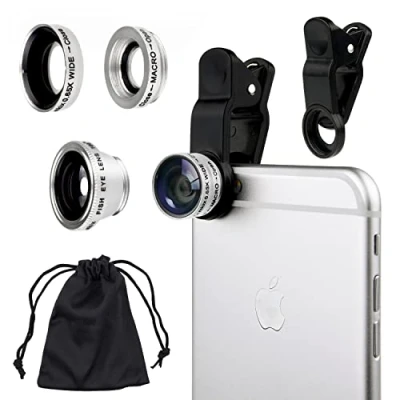 Afbeelding van CamKix Universele 3in1 Mobiele Camera Lenskit voor Smartphones inclusief Fish Eye lens / 2 in 1 macro &amp; groothoeklens/universele clip/draagtas/microvezeldoek