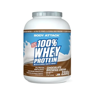 Afbeelding van Body Attack Chocolate Brownie 100% Whey Protein, 2,3 kg, Made in Germany, extra romig eiwitpoeder met hydrolysaat en BCAA, ondersteunt spieropbouw diëten, voor sporters atleten