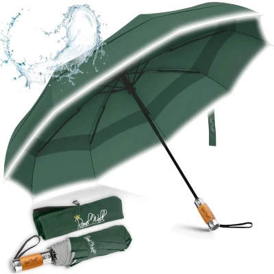 Afbeelding van Royal Walk Winddichte Opvouwbare Paraplu Compact En Sterk Luxueus Houten Handvat Windbestendige Reis Automatisch Open Dicht Geventileerde Dubbele Luifel Regen Voor Mannen Vrouwen Donkergroen