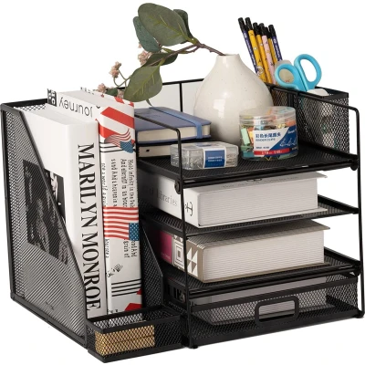 Afbeelding van Bureauorganizer brievenbakken met bestandshouder, 4 laags bureaubestandenorganizer lade en pennenhouder, mesh bureauorganizers accessoires tijdschriftenhouder voor kantoorbenodigdheden