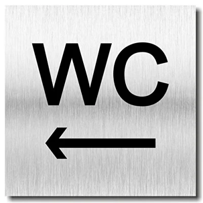 Afbeelding van Deurbordje WC pijl links toilet UV druk 12 x 12cm 3mm aluminium composiet Made in Germany Art.nr. 984