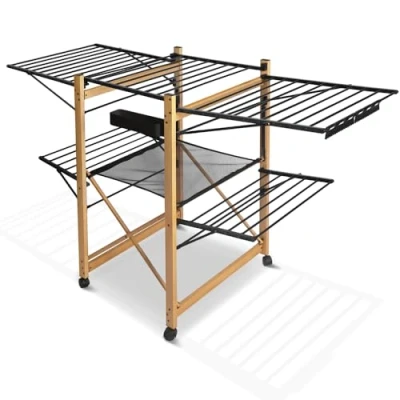 Afbeelding van VOUNOT Uitschuifbaar droogrek, staand droogrek van roestvrij staal, vleugelwasdroger met wielen en drooglengte 30 m, ruimtebesparend, inklapbaar, 180 x 105 61 cm, in hout imitatie zwart