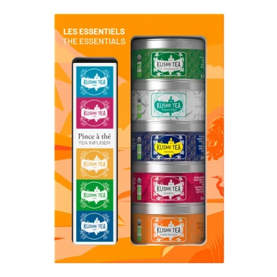 Afbeelding van Kusmi Tea thee geschenkset Les Essentiels met ei Groene thee, zwarte kruidenthee Verpakt in Frankrijk 5 metalen blikjes van 25g