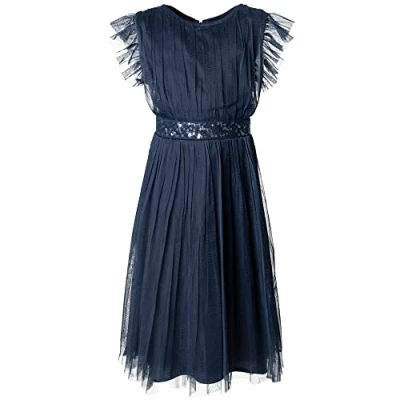 Afbeelding van Maya Deluxe Meisje Midi Jurk Pailletten Verfraaid Verjaardagsfeestje Frill Korte Mouwen Bruidsmeisjes Bruiloft, marineblauw, 3 4 jaar
