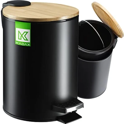 Afbeelding van KADAX Badvuilnisemmer, 3 l cosmetica emmer in 5 kleuren, kleine pedaalemmer uitneembare container, met bamboedeksel, afvalemmer voor badkamer en toilet (zwart)