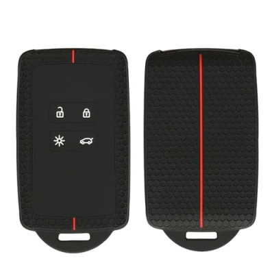 Afbeelding van kwmobile siliconen autosleutel Hoesje geschikt voor Renault 4 knops Smartkey (alleen Keyless Go) met sleutelhanger oog honingraat ontwerp in zwart / rood