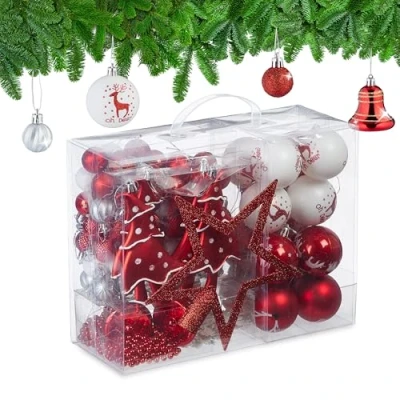 Afbeelding van Relaxdays kerstballen kerstboomversiering kerstboom ballen onbreekbaar set van 103 wit rood