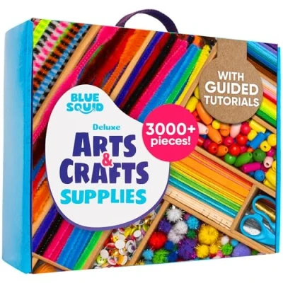 Afbeelding van Blue Squid Arts &amp; Crafts kist 3000+ stuks luxe knutselbenodigdheden doos met 2 laden, 18 compartimenten, stevige handgreep School Art Crafting Kit Set voor kinderen, meisjes, jongens leeftijd 4 5