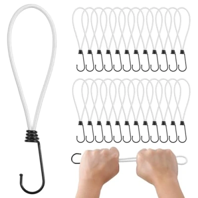 Afbeelding van PRETEX Bungeekoorden met haken Set van 25 stuks x 23 cm universele koordriemen en bevestigingen Heavy Duty bungees perfect voor kamperen, bagage dekzeil wit koord, zwarte haak