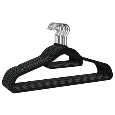 Afbeelding van PORTENTUM Fluwelen kleerhangers, set van 10 stuks, zwart, accessoirehouder, 360 draaibare haak, ruimtebesparend, inkepingen voor jurken, antislip alle soorten kleding, gemaakt in