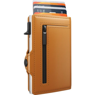 Afbeelding van Hëndig® Premium Pasjeshouder Mannen Bruin met rits 11 pasjes + Briefgeld RFID Creditcardhouder Vrouwen Uitschuifbaar Inc. Luxe Cadeauverpakking