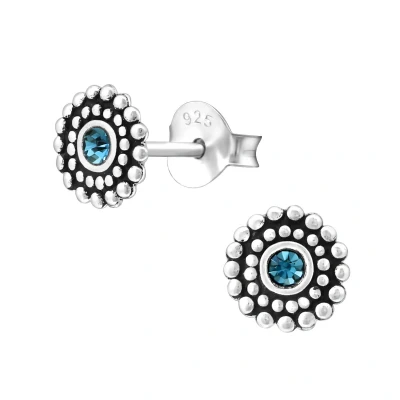 Afbeelding van JoyS Zilveren Bali rond oorbellen 6 mm oorknopjes montana blauw kristal geoxideerd