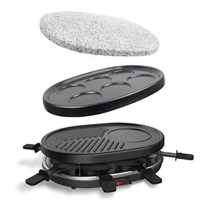 Afbeelding van Leogreen Raclette apparaat 4 in 1, multifunctioneel, 8 personen, grillsteen, grillplaat, pannenkoekenplaten, pannen, vaatwasmachinebestendig, 900 W