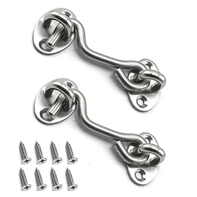 Afbeelding van BuxiuGK 2 stuks stormhaken, 7,6 cm, cabinehaken, roestvrij staal, met 8 montageschroeven voor deuren, garagedeuren, ramen, zilver