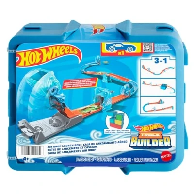 Afbeelding van Hot Wheels Baanset, Blauwe Deluxe Track Builder Set met accessoires windthema in stapelbare opbergkist voor speelgoed 1 auto, HNJ67