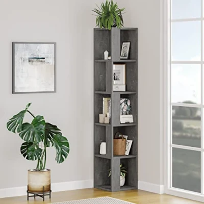 Afbeelding van HOCUS PICUS Houten Hoekboekenkast met 5 Niveaus Vrijstaand Voor Woonkamer, Studieruimte of Kantoor Eenvoudig te Monteren 159 x 32 cm Retro Grijs