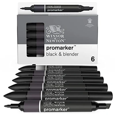 Afbeelding van Winsor &amp; Newton 0290116 Promarker, professionele layoutmarker 2 punten, fijn en breed voor tekeningen, ontwerp lay outs Set 6 Black Blender