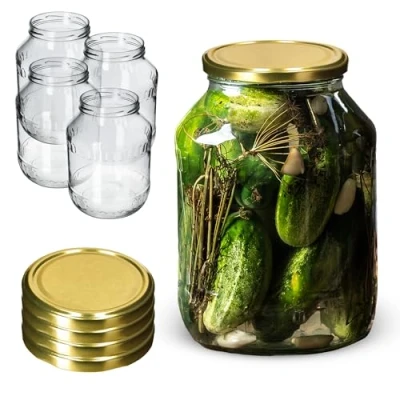 Afbeelding van KADAX Weckpotten, 2,5 liter, inmaakpot, diameter van 100 mm, voorraadpot, komkommerglas, ronde potten (4 stuks, gouden deksel)