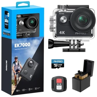 Afbeelding van AKASO EK7000 Sportcamera 4K 30fps 20MP WiFi met 64GB microSDXC geheugenkaart, actiecamera, waterdicht tot 30 m, 170 graden groothoekstabilisatie, 2,4 G afstandsbediening
