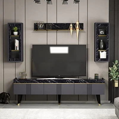Afbeelding van Homidea Karya tv meubel, set, kast, tafel, lowboard, 3 deuren, in modern design, (antraciet/marmer)