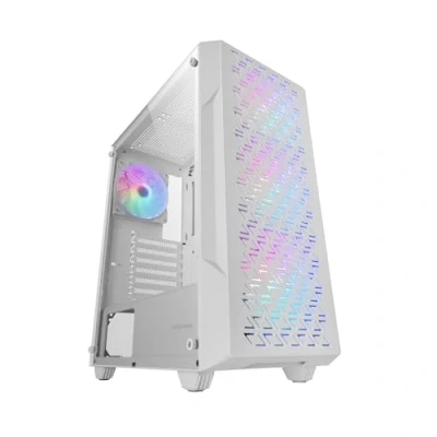 Afbeelding van MARSGAMING MC GEO, ATX Gaming Behuizing, 4x FRGB Rainbow 12cm Ventilatoren, Geometrisch Mesh Voorpaneel, Zijvenster Gehard Glas, PC Semitower Dubbele Kamer, Ondersteuning voor Waterkoeling, Wit