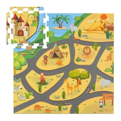 Afbeelding van Relaxdays puzzelmat baby safari 9 speeltegels smalle rand foam afwasbaar