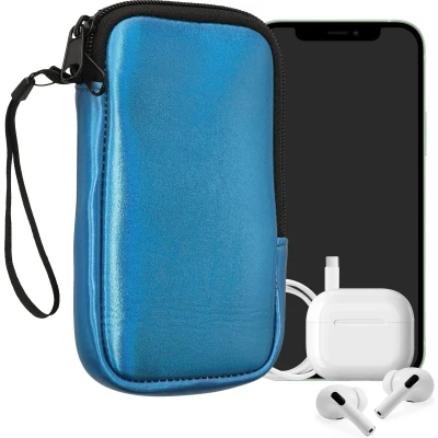 Afbeelding van kwmobile telefoontasje universeel geschikt voor XL 6,7/6,8&quot; smartphones 17,2 x 8,4 cm Hoesje met rits en polslusje In Metallic carabisch blauw