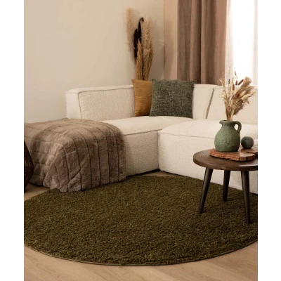 Afbeelding van Rond Hoogpolig Tapijt/Vloerkleed Shaggy Trend Effen Olijfgroen 160 Cm