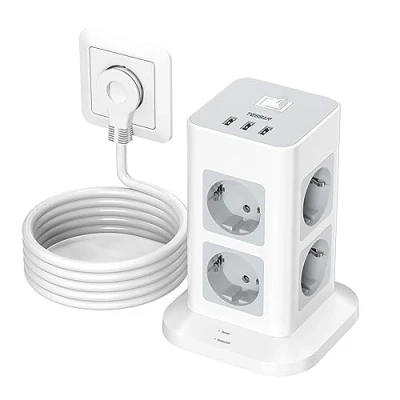 Afbeelding van TESSAN Multiple Socket Overspanningsbeveiliging 3600W 16A, 8 Voudige Stekkerdoos, Stekkerdoos met 3 USB, Meervoudige Stekker Verlengsnoer, Stopcontacttoren Verdeelstopcontact voor Thuis, Grijs