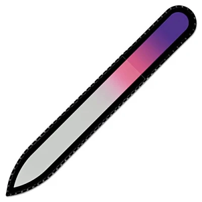 Afbeelding van Mont Bleu glazen nagelvijl in een fluwelen zakje, regenboogkleuren, echt getemperd Tsjechisch glas levenslange garantie handgemaakt Tsjechië beste nagelvijlen voor natuurlijke nagels