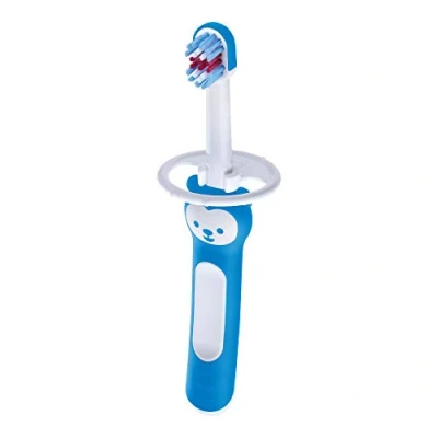 Afbeelding van MAM Baby&#039;s Brush Tandenborstel voor pasgeborenen, met veiligheidsring, kleine kop en korte handgreep, melktanden, 6+ maanden, lichtblauw