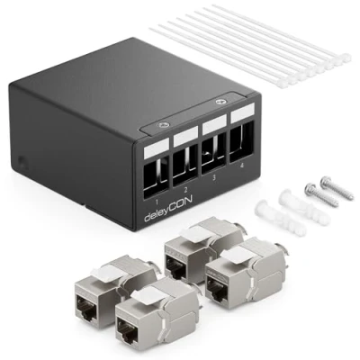 Afbeelding van deleyCON 4 Poorts CAT7 Patchpanel Set met 4x CAT.7 RJ45 Keystone Jack Module STP 10 Gbit/s Distributiepaneel Compatibel Installatiekabel CAT6 CAT6a CAT8 Ethernet LAN Netwerkkabel Zwart