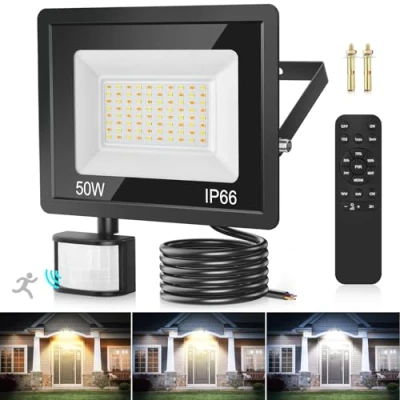 Afbeelding van led buitenspot met bewegingsmelder, 50 W, 84 leds, 3000 K/4000 K/6500 K, spot voor buiten en afstandsbediening, IP66, 4500 lm, dimbaar, timer tuin, terras, garage
