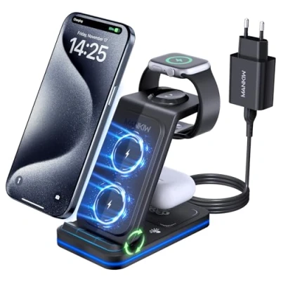 Afbeelding van MANKIW Draadloze oplader voor iPhone, 3 in 1 Draadloos Oplaadstation iPhone 15/14/13/12/11/Pro/Max/XS/XR/X/8, Apple Watch 7/6/5/4/3/2/SE, AirPods 3/2/Pro