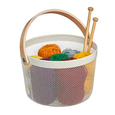 Afbeelding van Relaxdays metalen opbergmand, draadmandje met houten handvat, badkamermand gaas, modern, rond, wit