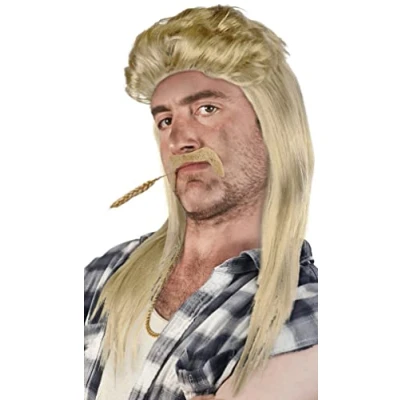 Afbeelding van SET van: Mullet Pruik + Baard Gouden Ketting Rocker Chav Proll Pimp Blond Brunette Grijs Zwart 80s 90s (Licht Ketting)