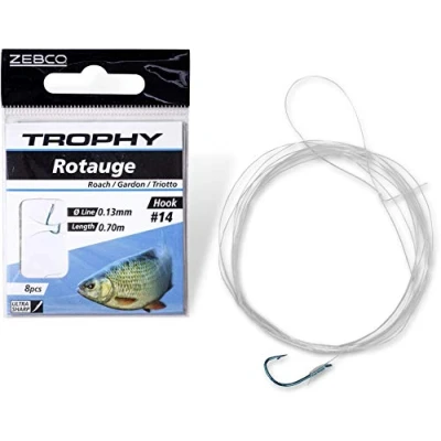 Afbeelding van Zebco Kwaliteit Trophy Rotauge voorwaaier haak vishaak met voorvak voorgebonden vislijn hengel accessoires, blauw, 16