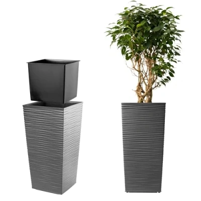 Afbeelding van KADAX Bloempot, bloembak van kunststof, plantenbak voor bloemen, binnen en buiten, tuin, balkon, terras, huis, weerbestendig, imitatie rotan (75,5 cm hoog, grafiet)