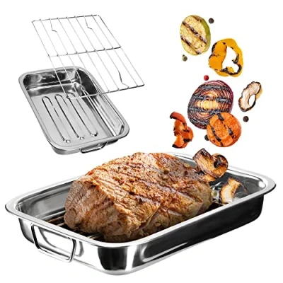 Afbeelding van KADAX Braadvorm met rooster, braadpan van roestvrij staal, vierkante pan inzetstuk, in 4 verschillende maten, rooster voor oven, ovenvorm (30 x 22 6 cm, zilver)