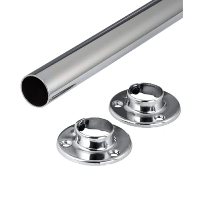 Afbeelding van Gedotec Kledingstang, wandmontage, rond, 1 set garderobestang met 2 stuks kastbuislagers, gepolijst chroom, gepolijst, stalen meubelbuis van 1000 mm lang, 25 60 kg draagkracht, kledingstang