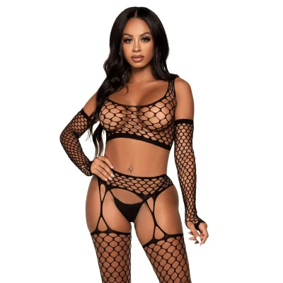 Afbeelding van Leg Avenue Crop Top, Stockings &amp; Gloves Zwart